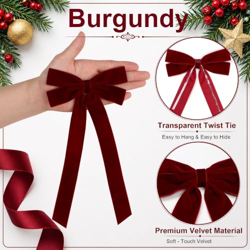 20 Pack Burgundy Velvet Christmas Bows with Long Tails - Holiday Tree Decorations