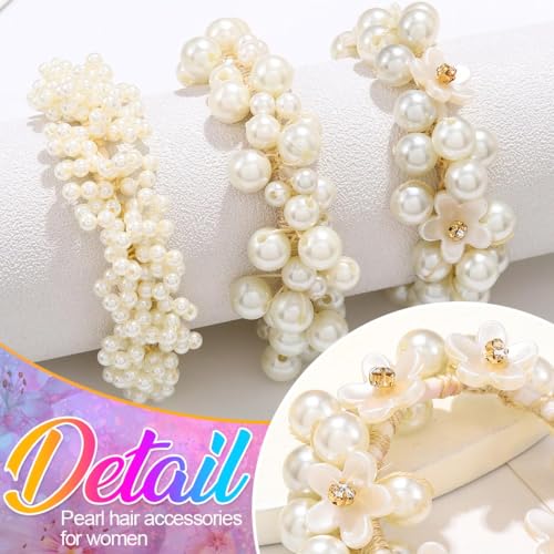 BARTOSI Pearl Scrunchies Beaded Hair Ties Ponytail Holder 3-Pack
