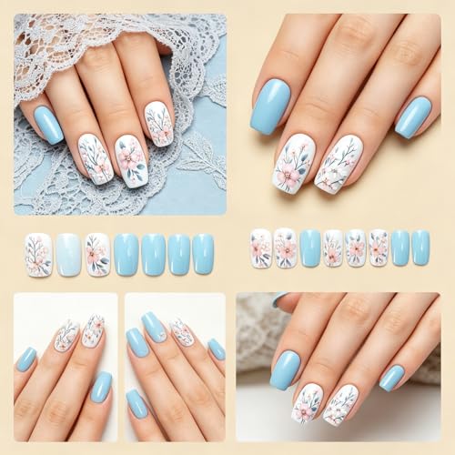 KTAABTR Floral Press on Nails Pink Flower Square Fake Nails 24Pcs