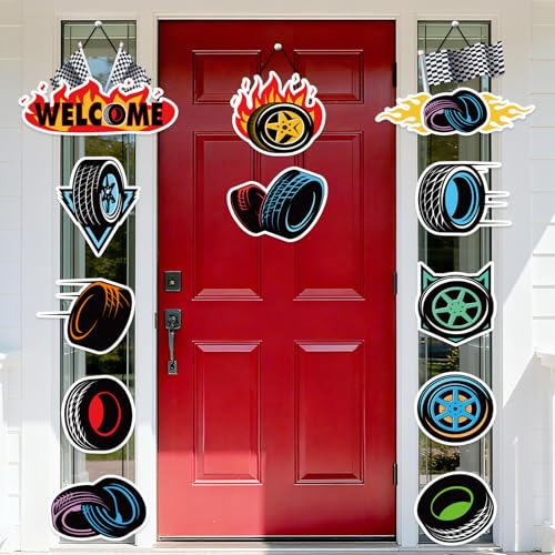 Race Car Party Door Banner Set - 12 Racing Wheel Decorations