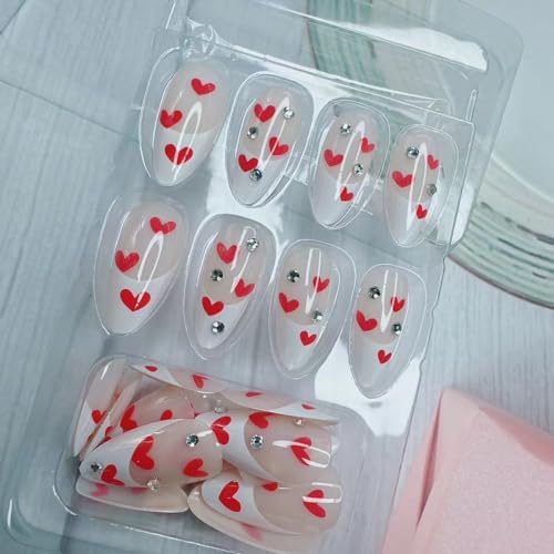 Red Heart French Tip Press on Nails with Rhinestones Medium Pointed