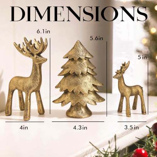 Christmas Reindeer & Tree Figurines Set of 3 - Gold Resin Holiday Decor - Variation of Reindeer & Tree