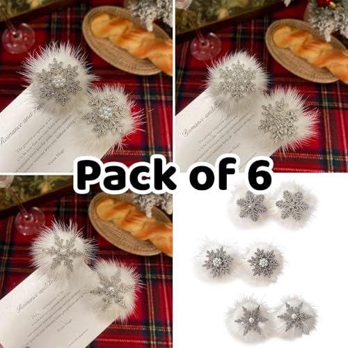 Snowflake Hair Clips 6-Piece Set - Plush Rhinestone Winter Hair Barrettes