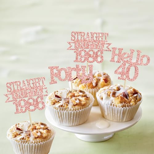Ephlyn 24Pcs Rose Gold 40th Birthday Cupcake Toppers Glitter Picks