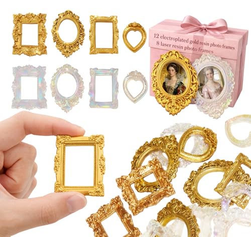 20 Mini Vintage Picture Frames Set - Antique Gold & Holographic Resin