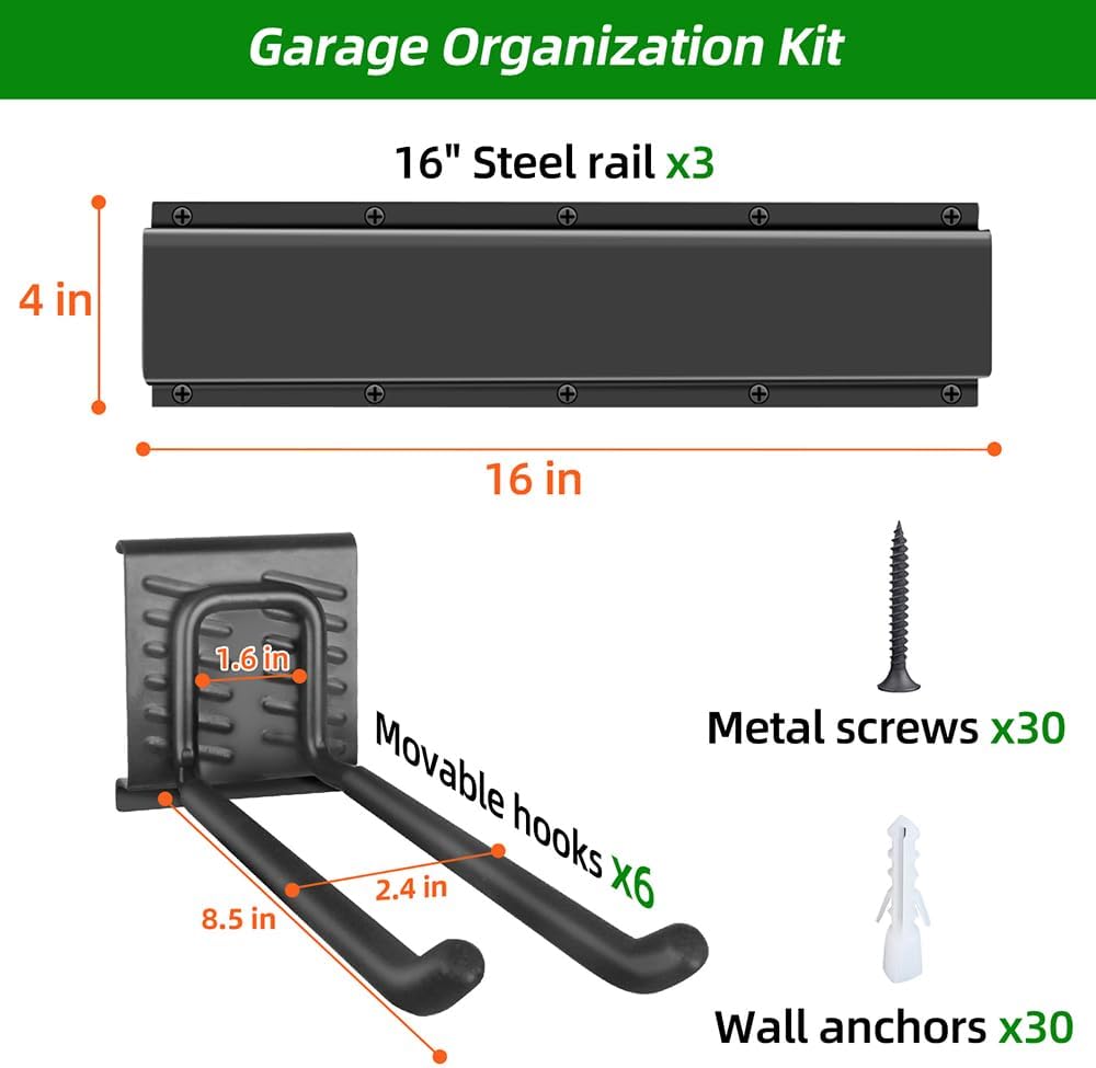 PIYILO Garage Wall Organizer - Heavy-Duty Tool Rack with 48-Inch Rails & 6 Hooks | Max Load 360 LBS
