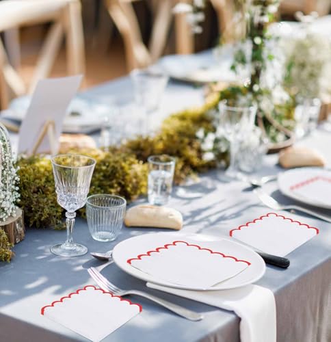50 Red Scalloped Cocktail Napkins - 3-Ply Disposable 5x5 Inches