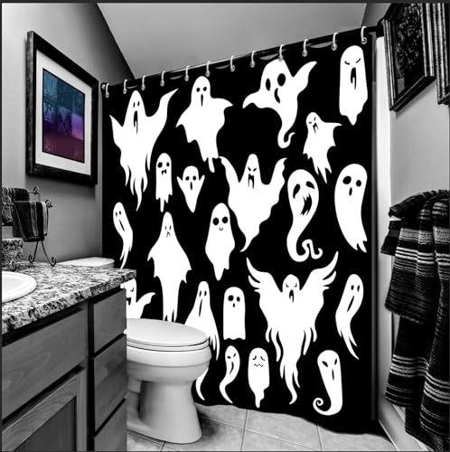 Halloween Shower Curtain - Black & White Spooky Ghosts, 72"