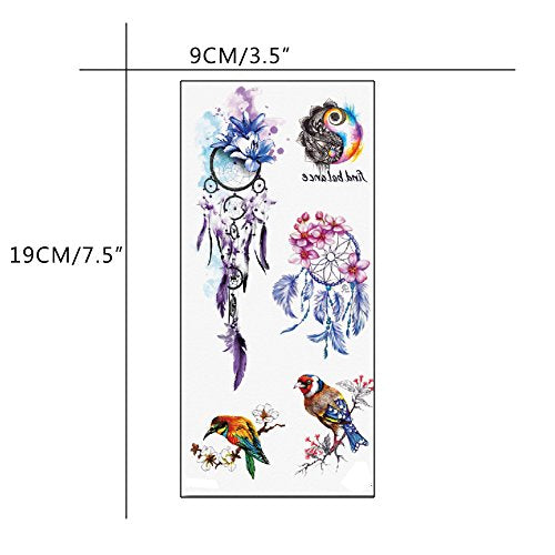 TAFLY Temporary Tattoo Stickers - Bird & Purple Dreamcatcher Floral Design