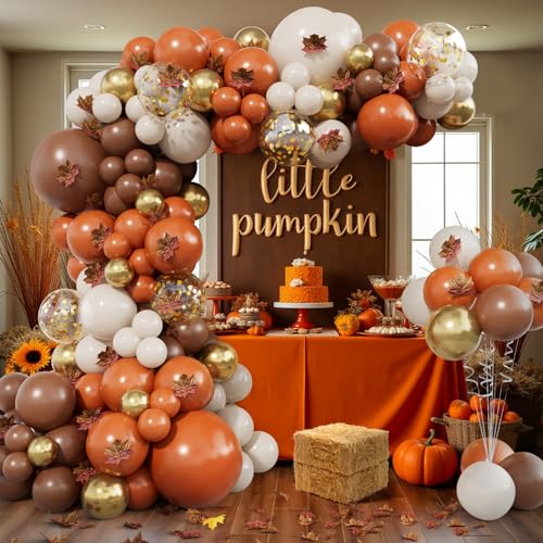 215pcs Fall Balloon Arch Kit with Autumn Leaves for Thanksgiving Party