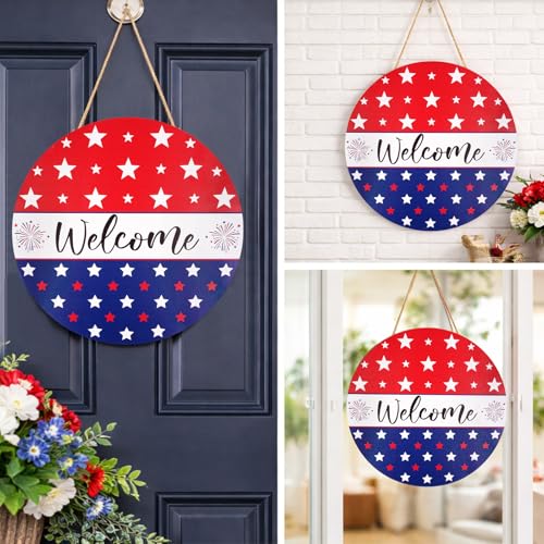 4th of July Patriotic Wooden Wreath for Front Door Decor