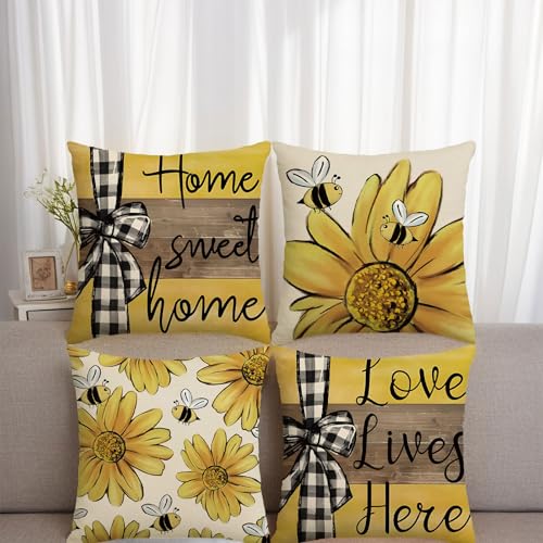 Decorative Bee & Sunflower Pillow Covers - Set of 4, 18x18 Inch