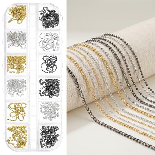Metal Nail Chains for Nail Art - 12 Strips Gold, Silver & Black 3D Charms