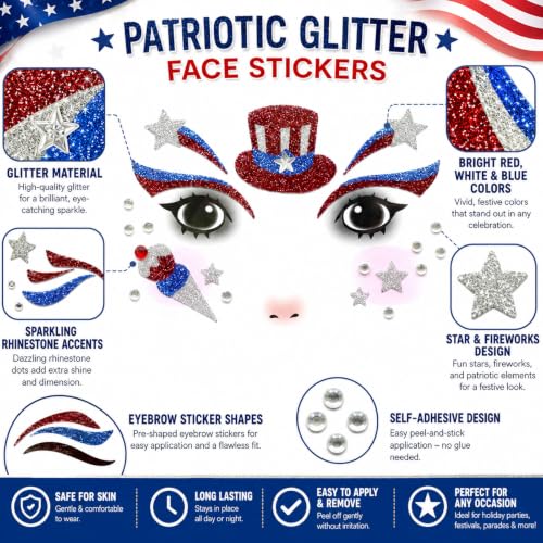 Patriotic Glitter Face Gems & USA Flag Temporary Tattoos (2 Pack)