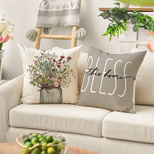 AVOIN colorlife Spring Wildflowers 18x18 Inch Set of 4 Seasonal Throw Pillow Covers