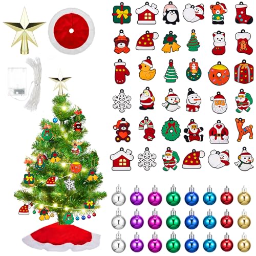 Mini Christmas Tree Ornaments Set with Star Topper, Skirt & Lights - 63 Pieces