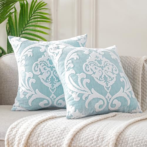 Sky Blue Damask Throw Pillow Covers 18x18 Inch, Set of 2