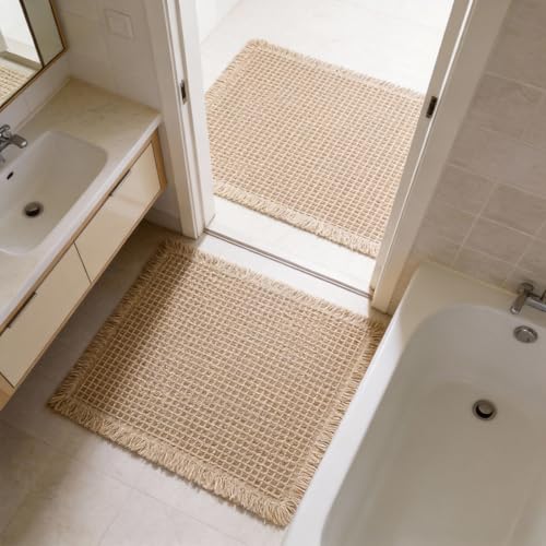 Waffle Knit Bath Mat, Non-Slip Absorbent Shower Rug - Brown, 18"x30"