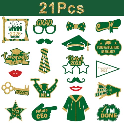 Avezano Class of 2026 Graduation Photo Booth Props - 21 Pcs Green and Gold Party Supplies