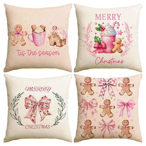 Colingmill 4-Pack Pink Gingerbread Christmas Pillow Covers 18x18