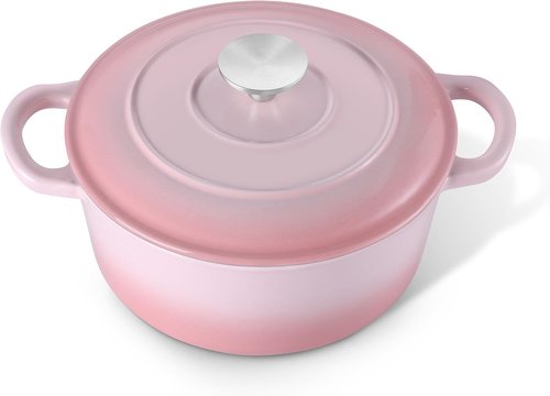 E-far 3 Qt Enameled Cast Iron Dutch Oven - Heavy Duty Nonstick Pot for Baking, Stews & Roasting - Pink
