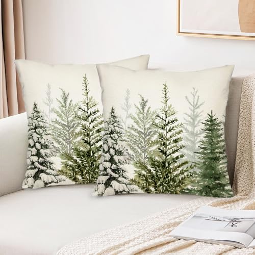 Green Watercolor Christmas Pillow Covers Set of 2 - 18x18 Inch Decorative Cushions