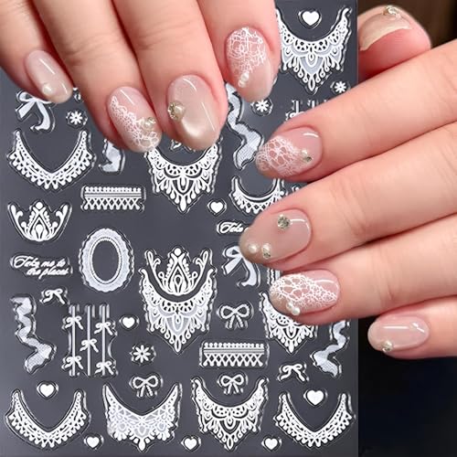 Winthrop 3D White Lace Nail Decals - Rose & Butterfly Bridal Stickers
