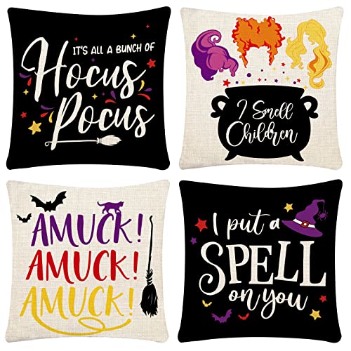 Halloween Pillow Covers Set of 4 - 18x18 Linen Hocus Pocus Decor