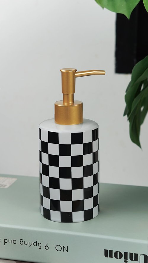 Checkered Ceramic Soap Dispenser White and Black,Liquid Lotion Dish Hand Checkerboard Soap Dispenser Bottle with Golded Pump Plastic for Kitchen,Bathroom,Washroom