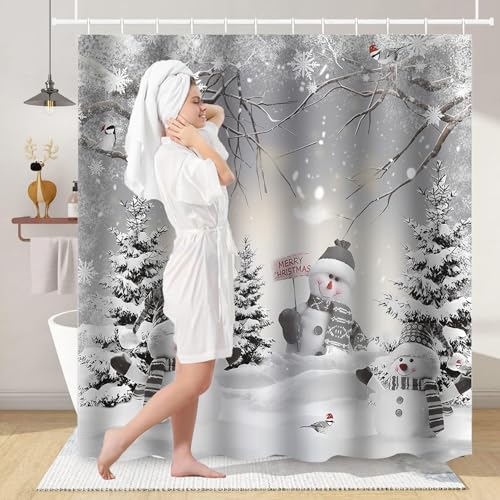 Christmas Shower Curtain Set with Snowman & Tree Design - 72x72