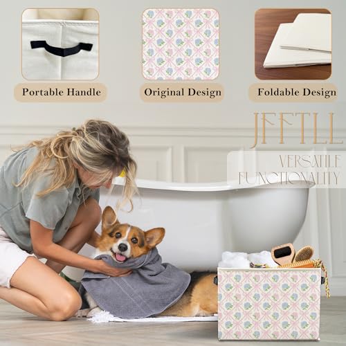 JFFTLL Pink Bow Hydrangea Collapsible Storage Bin with Handles