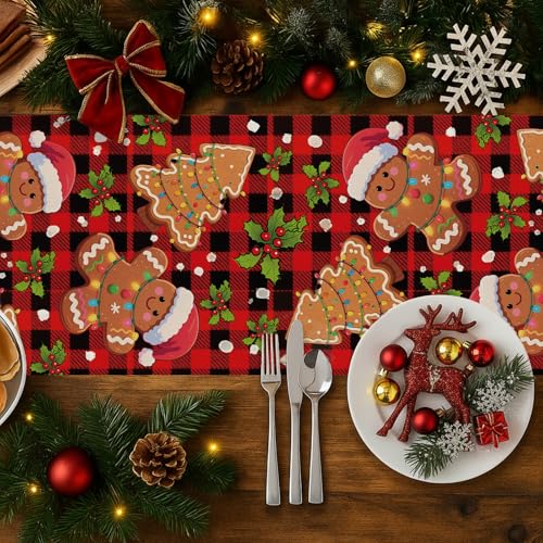 Gingerbread Man Table Runner 13x90 Inch Christmas Plaid Holiday Decor