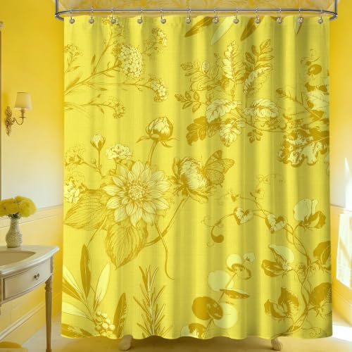 Mustard Yellow Vintage Botanical Shower Curtain - 72x72 in, Waterproof Polyester with Floral Design