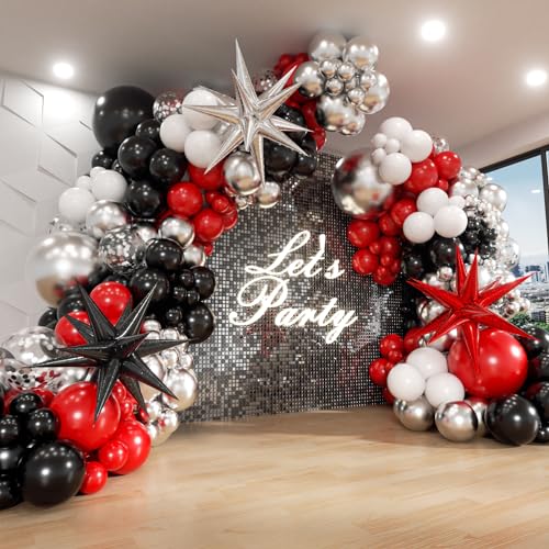 Red and Black Balloon Arch Kit with Silver & White Balloons for Parties