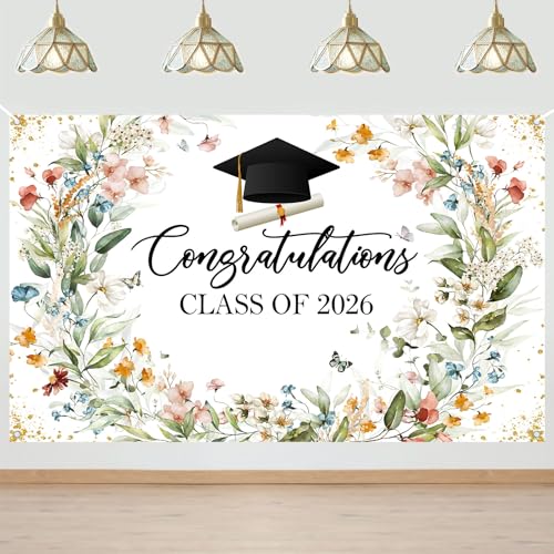 Wildflower Graduation Backdrop Banner - Class of 2026, 70.8 x 43.3 Inch