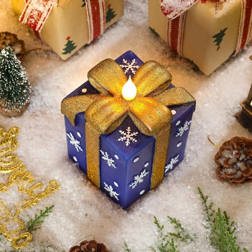 Blue Flameless Gift Box Candle with Remote Timer - Hand-Painted Christmas Decor