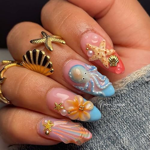 French Tip Press on Nails Medium Almond 3D Flower Fake Nails