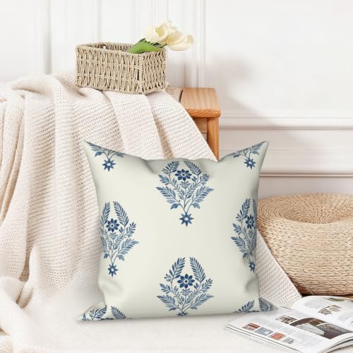 Blue Floral Vintage Pillow Cover 18x18 - Cozy Linen, Quick-Dry