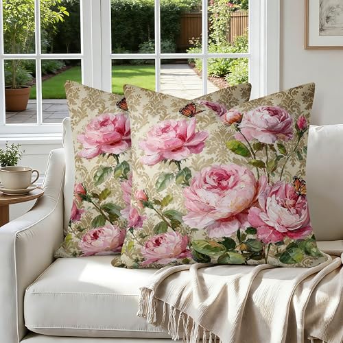Vintage Pink Rose Floral Pillow Covers 18x18 Inch Set of 2