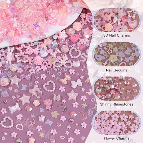 Kikonoke 400Pcs Pink Nail Charms Kit 3D Resin Gems & Rhinestones