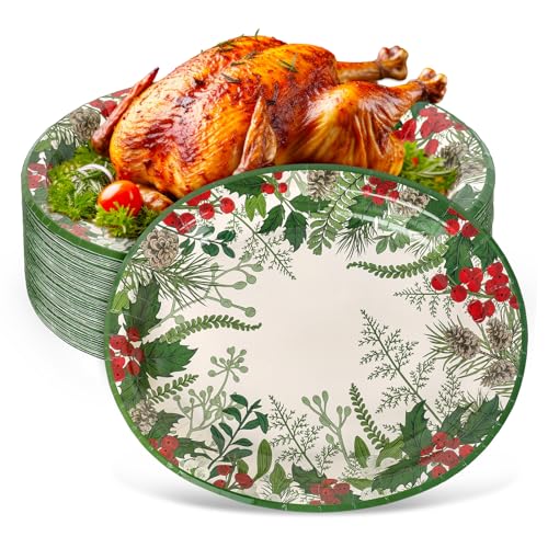 Christmas Oval Paper Plates Holly Berry Pine Cone Disposable Tableware 10x12 Inch - Pack of 50 - Holiday Party Decor