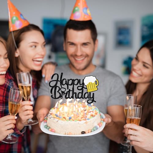 Beer Birthday Cake Topper - Black Glitter Decoration for Parties