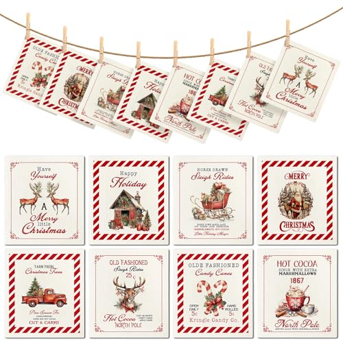 Christmas Swedish Dish Cloth Set - Reusable Kitchen Towels with Candy Cane Pattern - 8 Pcs