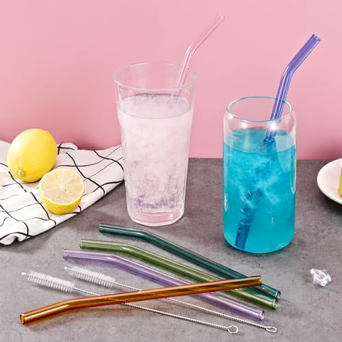 Colorful Reusable Bent Glass Drinking Straws - Set of 6 with Brushes