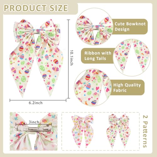 ANBALA 2Pcs Easter Hair Bow Clips, 10 Inch Big Satin Ribbon Barrettes with Tail for Women and Girls