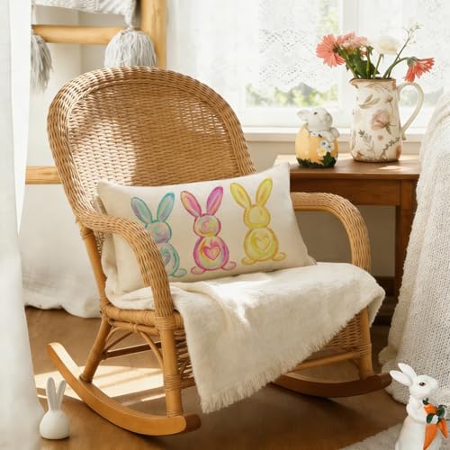 Easter Bunny Throw Pillow Cover 12x20 Inch - Colorful Spring Decor