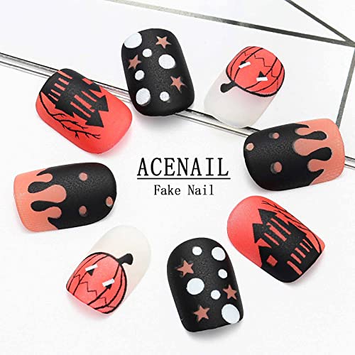 Acenail Matte Orange & Black Skull Press on Nails Halloween Acrylic False Nails 24Pcs