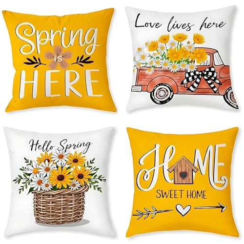 Yellow Daisy Pillow Covers 18x18 Inch Set of 4 Velvet Home Decor Spring Summer