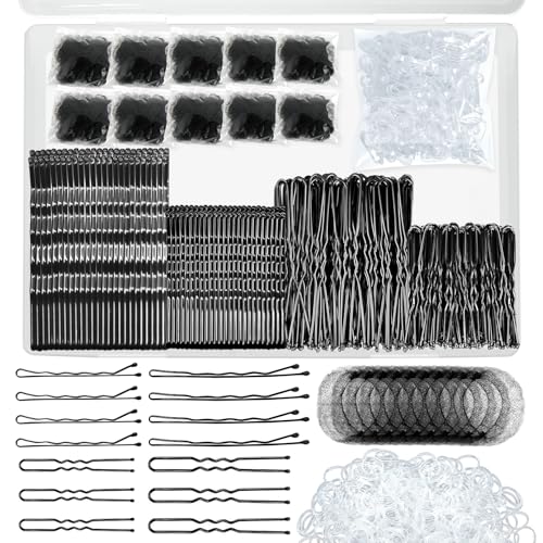 510-Piece Black Bobby Pins, U-Shaped Hair Clips, Bands and Nets Kit