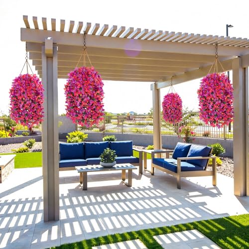 Artificial Bougainvillea Hanging Plants - 2 Pack Outdoor Faux Flowers, Fuchsia & Purple Hotpink